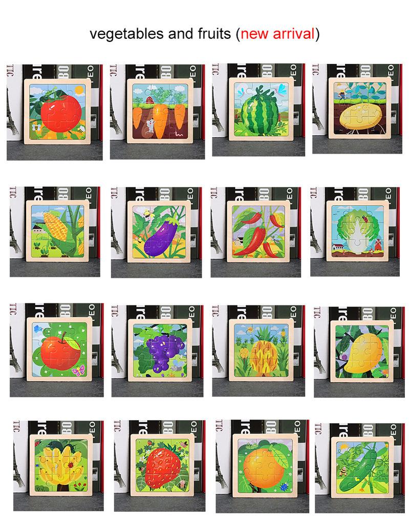 11x11cm Baby Montessori Spielzeug Holzpuzzle Cartoon Tier Frucht Fahrzeug 3D Puzzle Spiel Pädagogisches Legespielzeug für Kinder