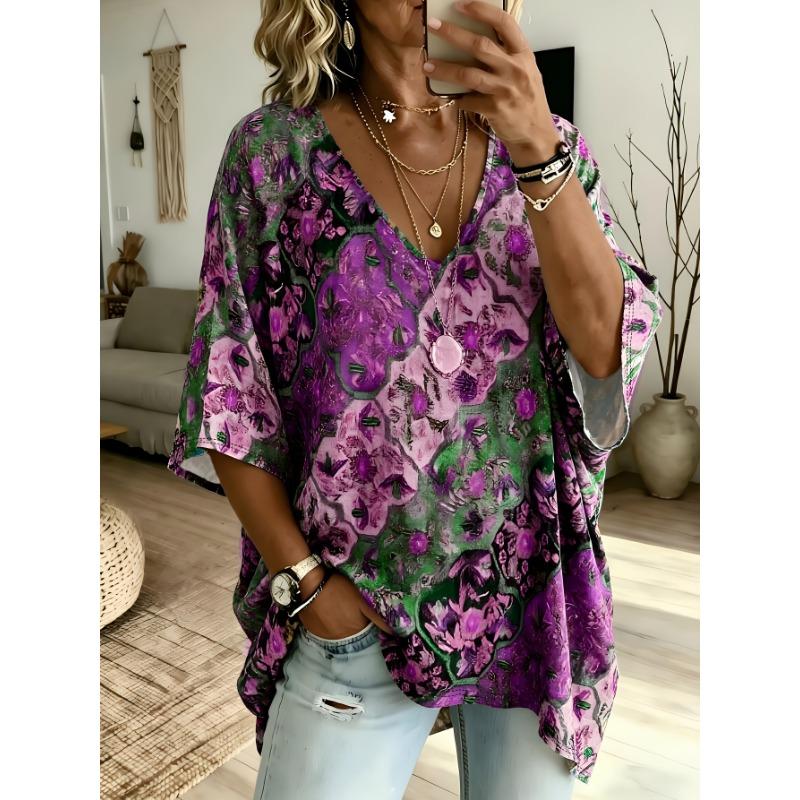Boho Ethnic Print V‑Neck Blouse