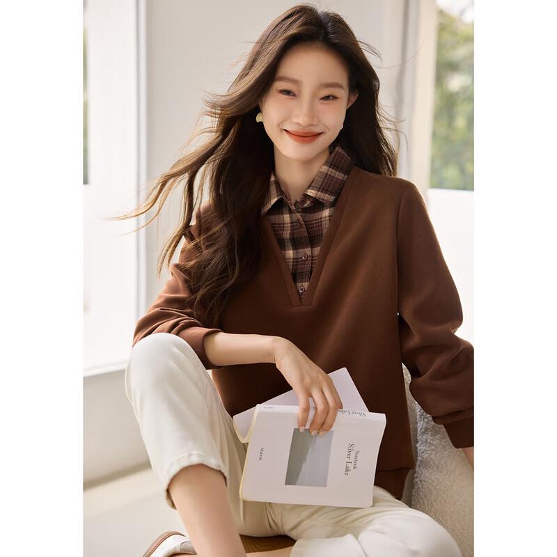 Dámská mikina s límečkem košile s kostkovaným vzorem, vzhled dvoudílného kompletu