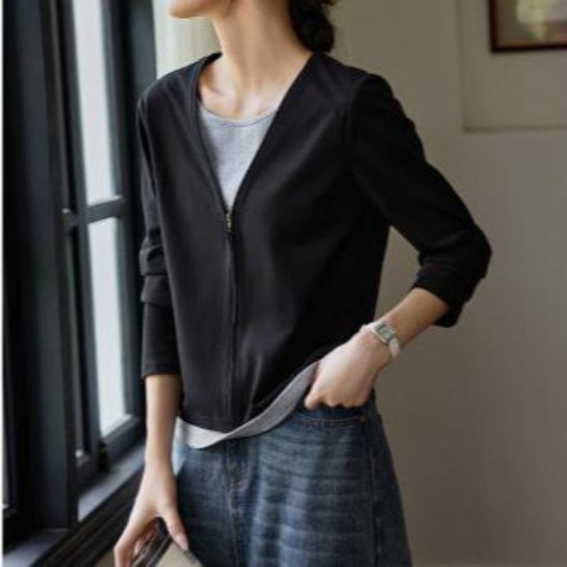 

Zipper-style Fake Two-piece Long-sleeved T-shirt for Women In Autumn, Niche, Non-similar Style, Brown Top 2XL