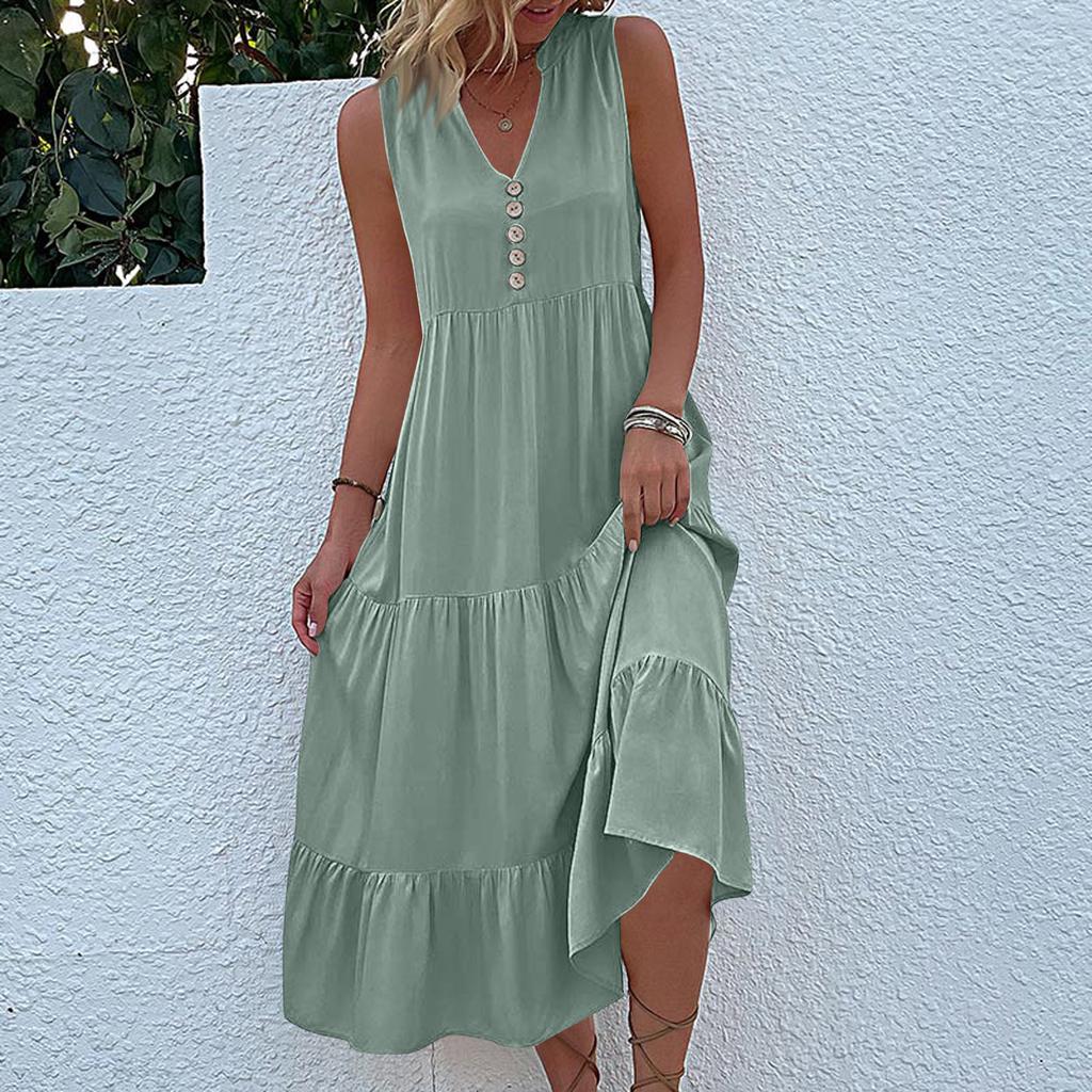 Sleeveless Women's Dress Casual Flowy A-Line Midi Tshirt Dresses With Pockets Crewneck Vocation Boho Beach Sundress