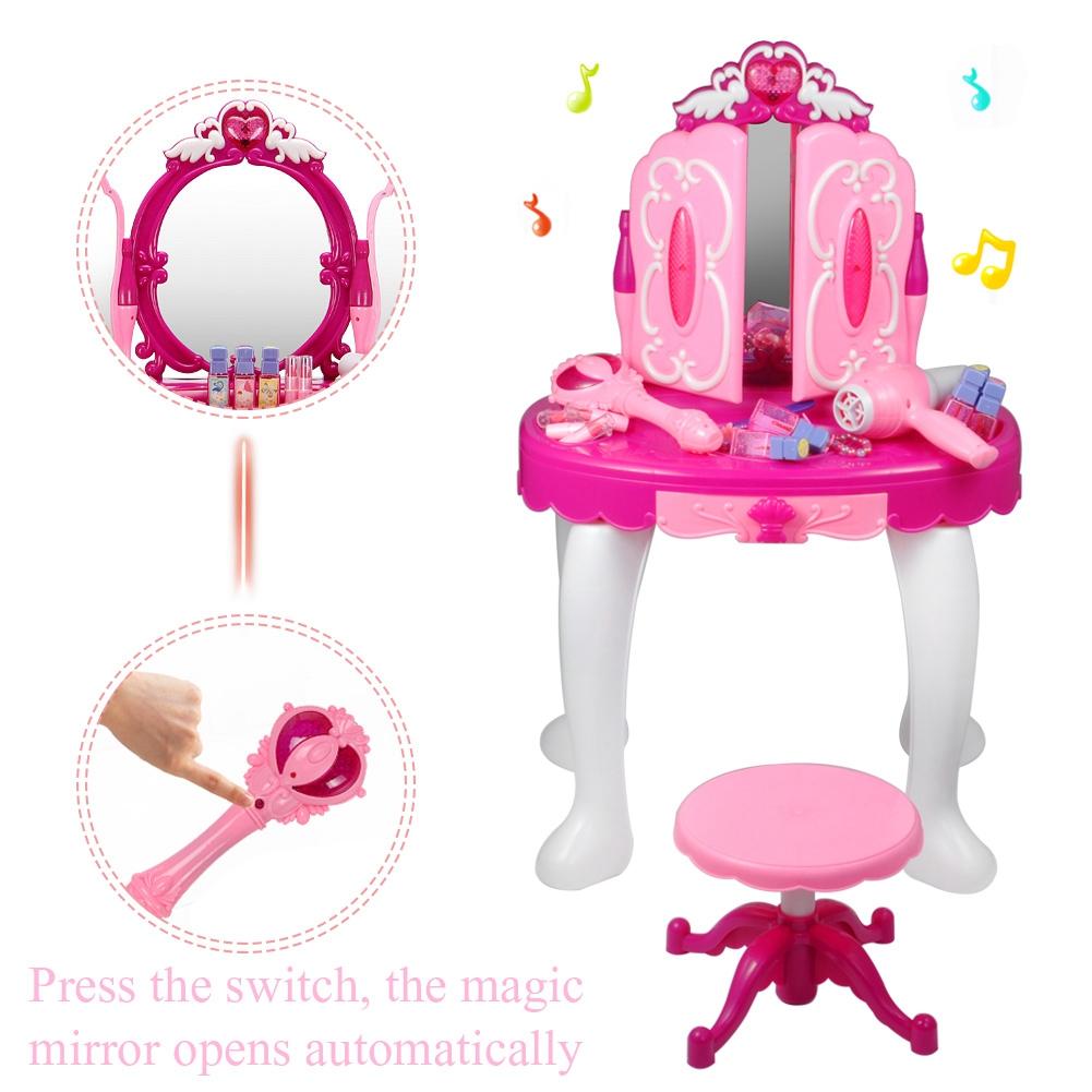 Glamorous Princess Dressing Table with Stool, Hair Dryer, Pink Make Up Table Toy