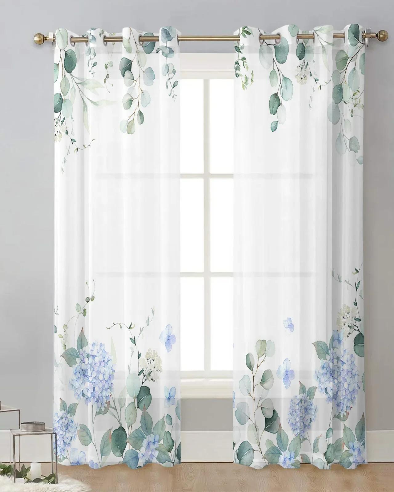 

Зеленый лист эвкалипта тюль украшение гостиной прозрачные прозрачные шторы спальня кухня вуаль шифоновые шторы W50 X H130(CM)X2&Grommet Top