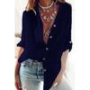 women's Solid Color Mandarin Collar V Neck Roll Tab Sleeve Loose Cotton Blouse Casual Shirt Top