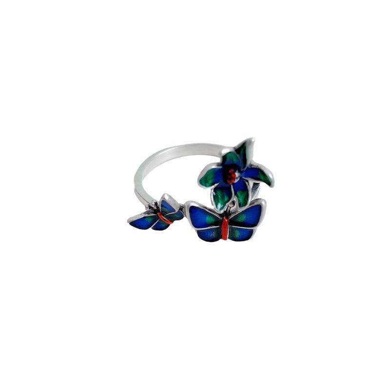 925 Sterling Silver Multi-Butterfly Open Finger Ring with Blue Accents - Exaggerated Ancient Style Flower Design