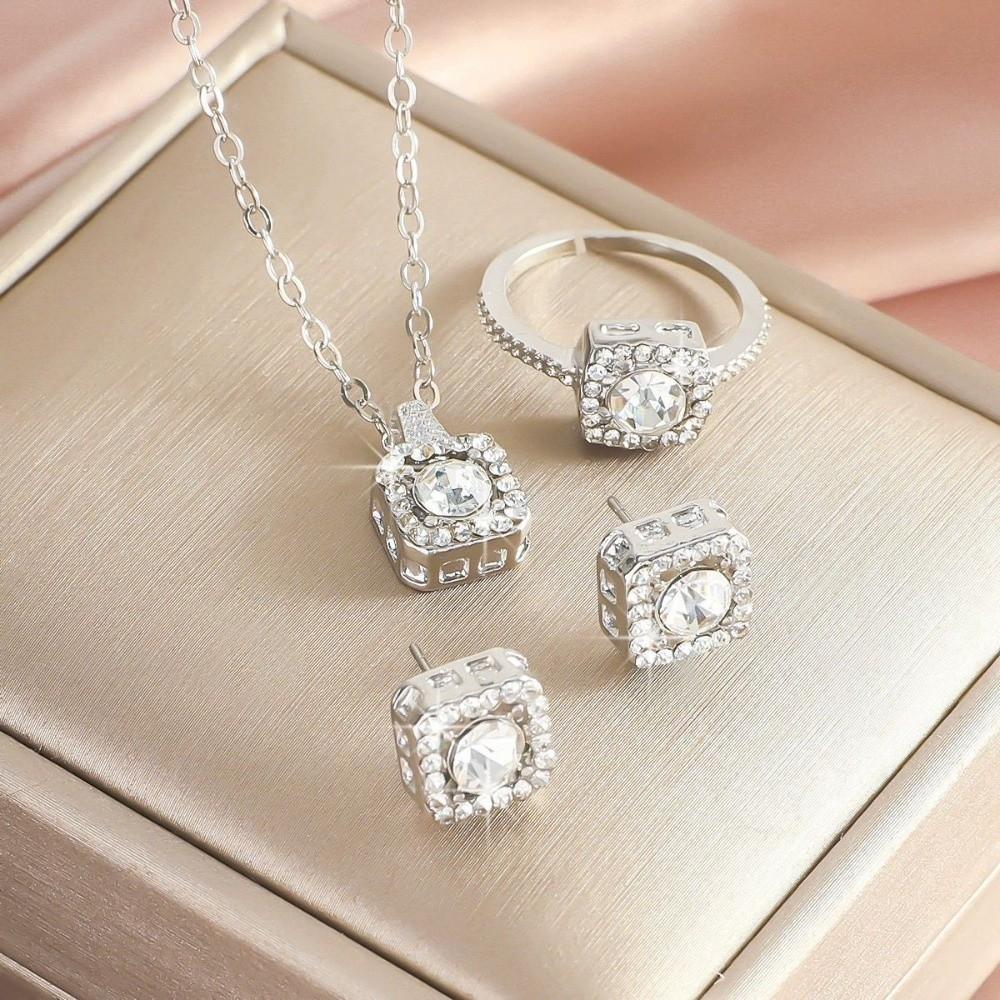 Crystal Cube Jewelry Set Pendant Ear Studs Exquisite Square Necklace  Girls