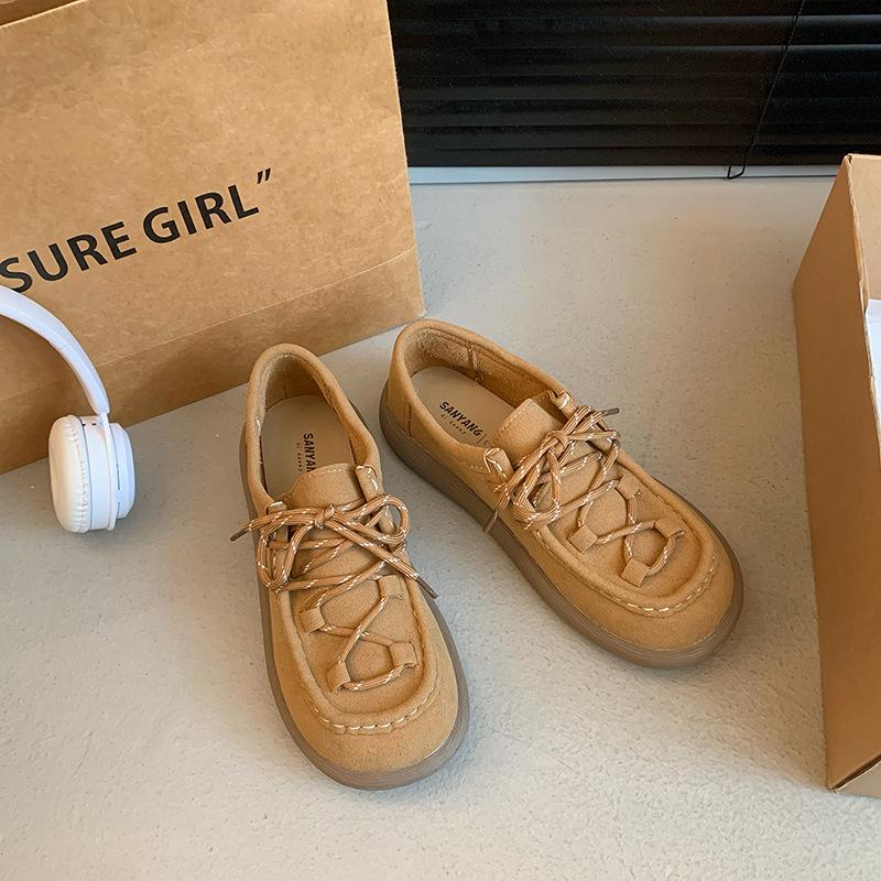 2025 spring and autumn new casual flat women's shoes imitation leather round head lace-up versatile women's single shoes loafer shoes tide