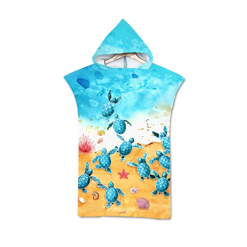 Microfiber Sea Turtle Printing Changing Robe Bath Towel Outdoor Hooded Beach Towel Poncho Women Swimming Diving Bathrobe Cloak