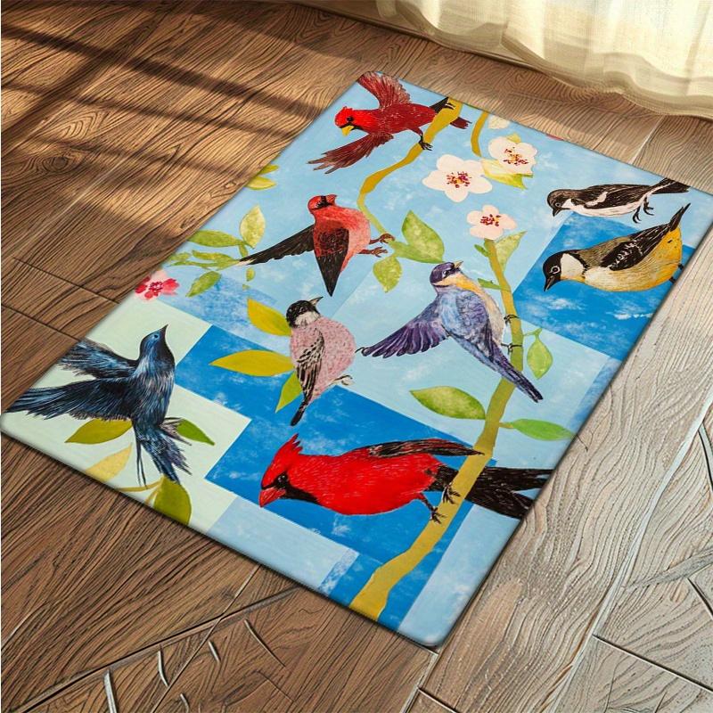 1pc Vibrant Bird Mural Area Mat - Colorful Watercolor Birds & Floral Design, Non-Slip, Absorbent, Durable Polyester Mat for Entr