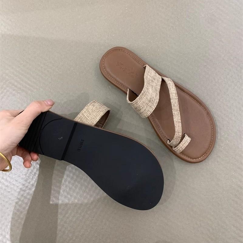 Set of Toe Roman Sandals 2025 Summer Korean Version Ins Style Linen Toe Holiday Beach Flat Cool Slippers Women