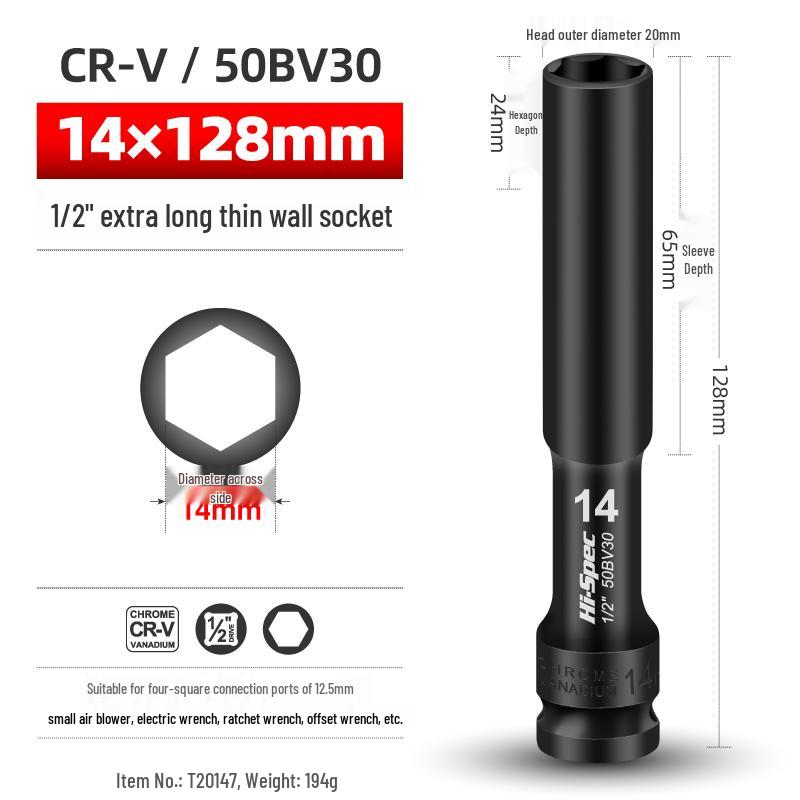 Extended Thin-Walled Hex Deep Impact Socket 8mm for Electric Wrench
