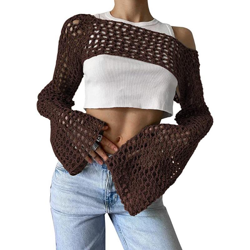 Women's Cover Ups Fall Women's Hand Hook Sweater Casual Ultra Short Flared Sleeve Sexy Mesh Cover Up