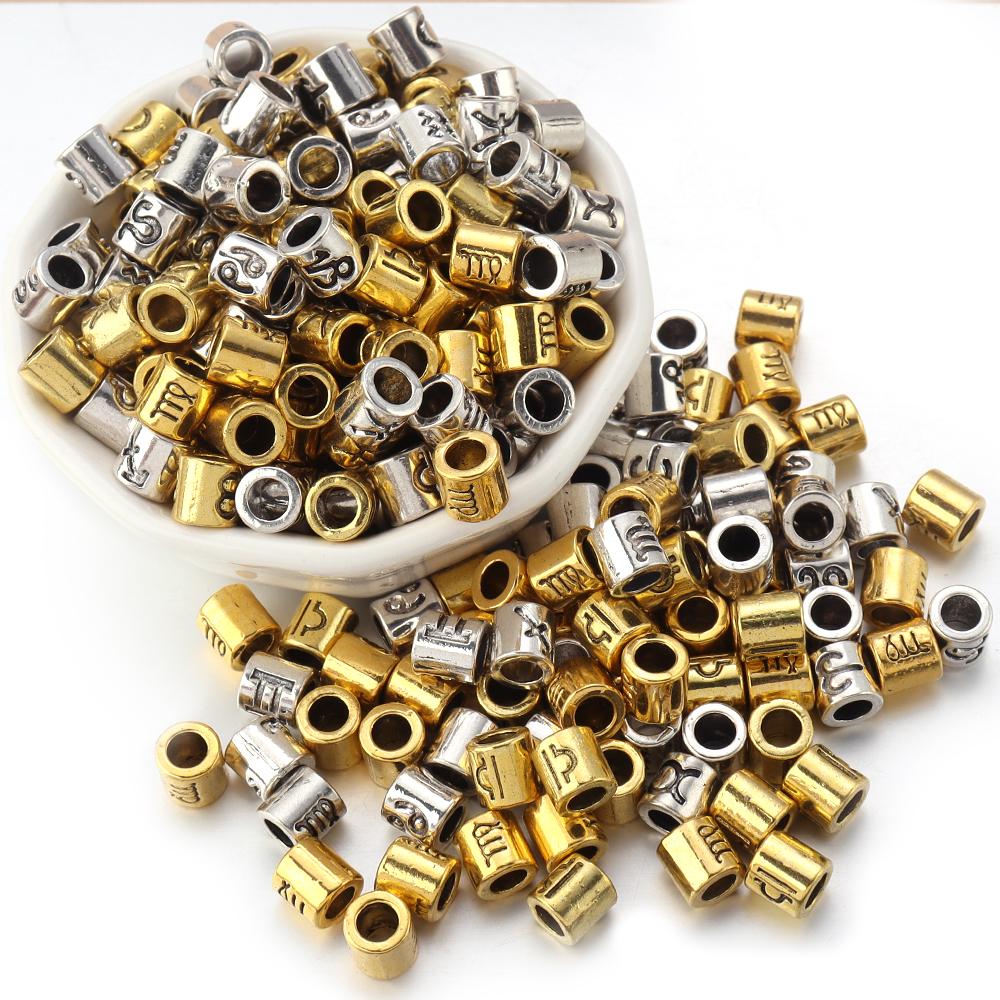 60pcs/lot Twelve Constellations Beads Alloy Beads Big Hole Tube Beads Spacer Loose Beads For Jewelry Making DIY Accessories