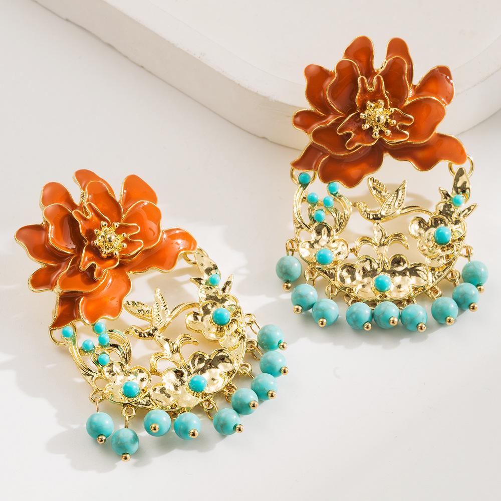 Retro Ethnic Style Flower Fringed Silver Needle Earrings, Exaggerated Enamel Long-style Exquisite Earrings for Women золотой