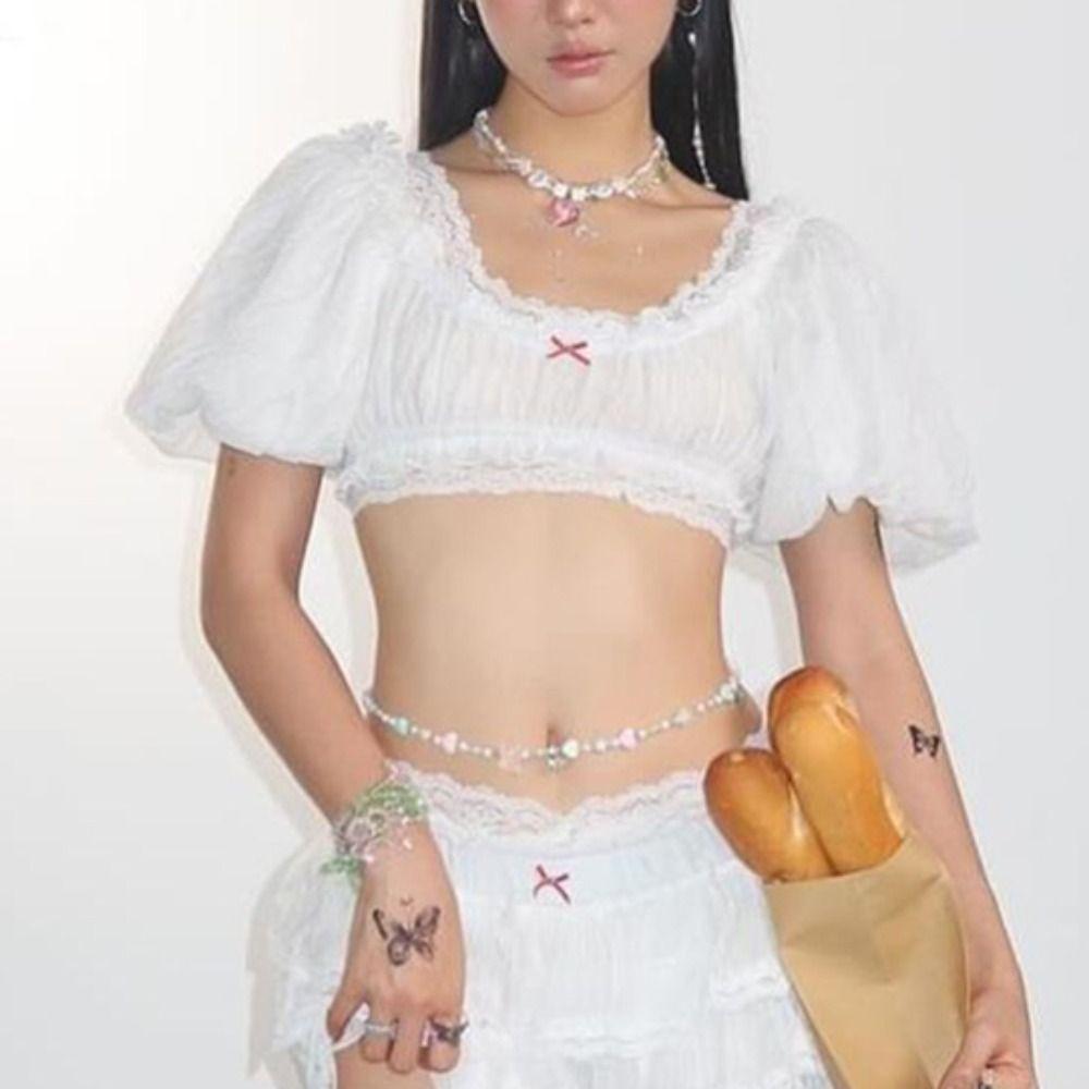 

Pullover Lace T-shirt Lantern Short Sleeve Bowk Y2K Crop Top Casual Short Sleeve T-shirt Girls M білий
