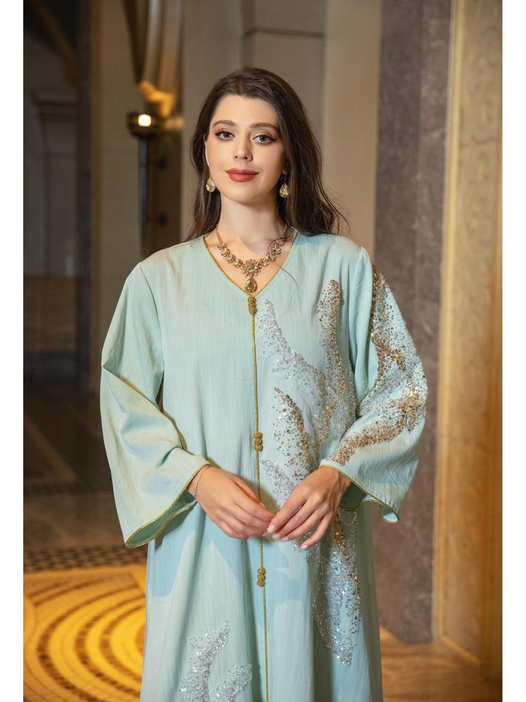 AB309 Dubai Embroidered Sequin Long-Sleeve Dress for Women