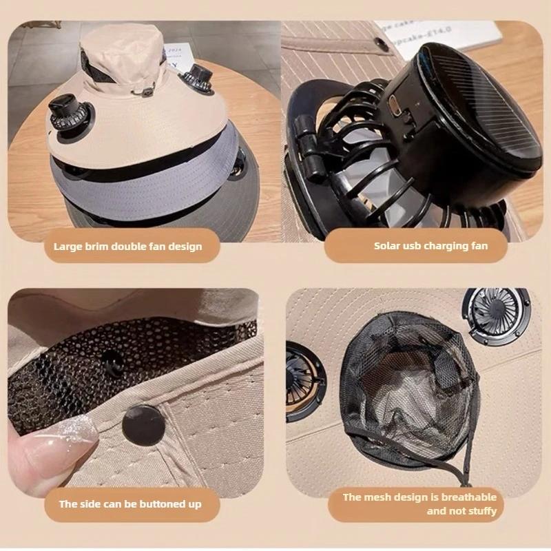 Solar Powered Cooling Fan Hat with USB Charging Wide Brim Sun Hat Breathable for Men Hiking Fishing Outdoor