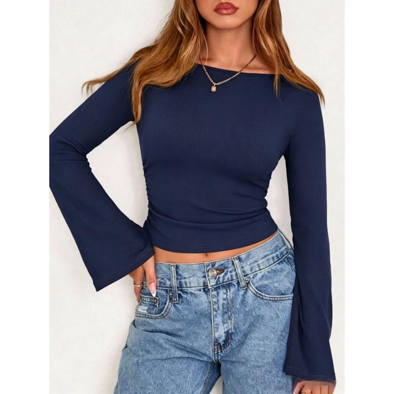 Top da Donna Girocollo Corto Maniche a Svaso Y2k Aderente Versatile Casual Manica Lunga
