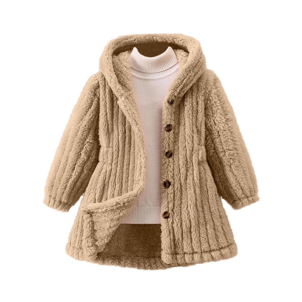 Girls' Fashionable Casual Solid Color Plush Warm Cardigan Long Sleeved Hooded Jacket