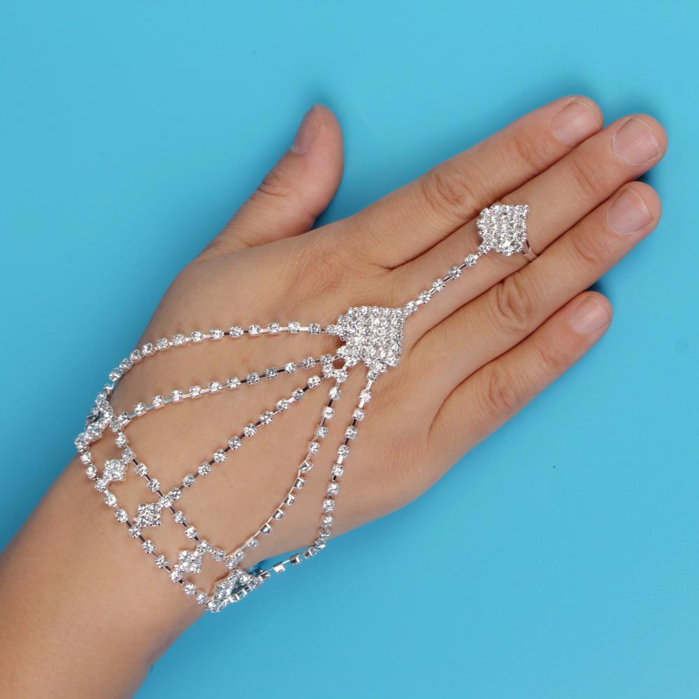 Elegant Women's Rhinestone Chain Bracelet with Connected Ring Design