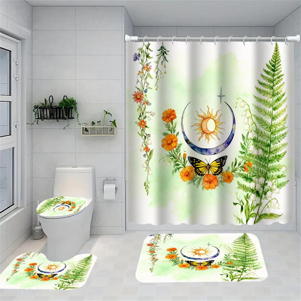 1/4 Marine Organisms Print Shower Curtains, Toilet Seat Decoration, Shower Curtain with Carpet and Toilet Lid, 70.8x70.8 Inch
