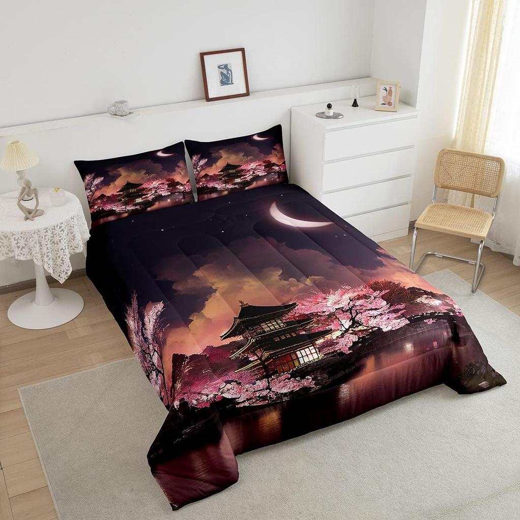 Japanese Style Comforter Set Queen Size Moon Cherry Blossom Bedding 3pcs Romantic Night Sky Scenery QuiltRoom Decor