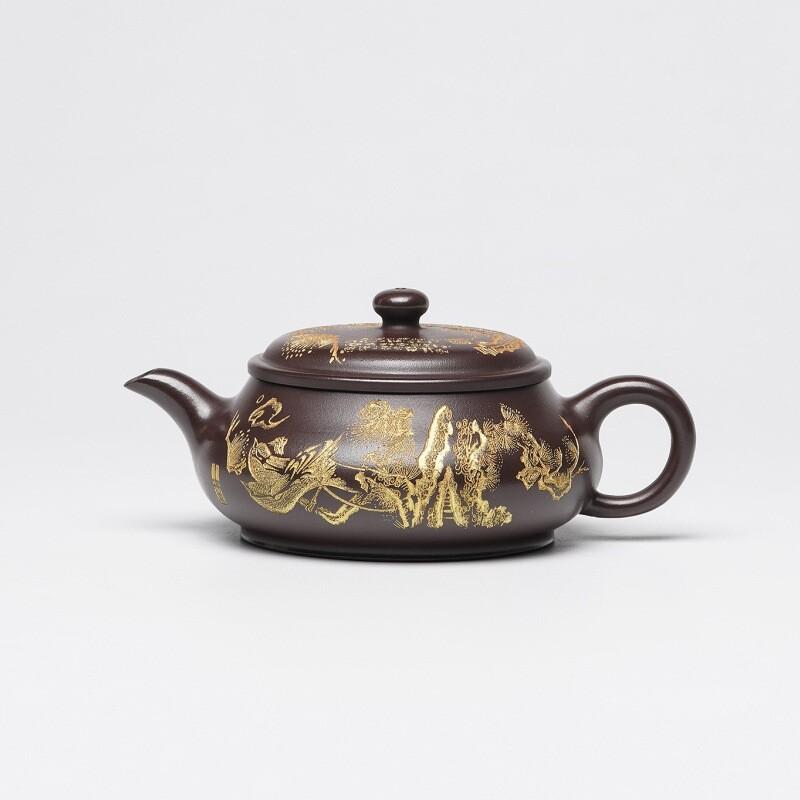 

210ml Antique Yixing Purple Clay Teapots Handmade Gold Carving Pot Raw Ore Purple Mud Kettle Chinese Zisha Tea Set Tea Ceremony