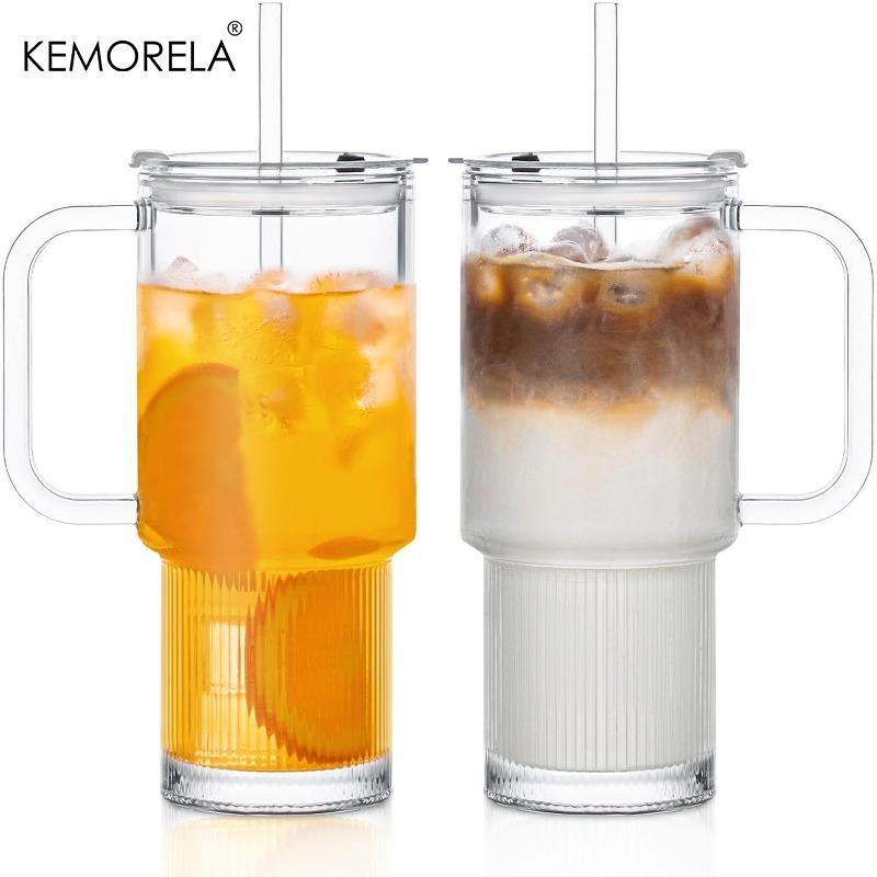 750ML Glasbecher mit Henkel & Deckel 1/2 Stück Große Eiskaffeebecher mit Strohhalmen Moderne Glasbecher für Kalt- & Heißgetränke Saft