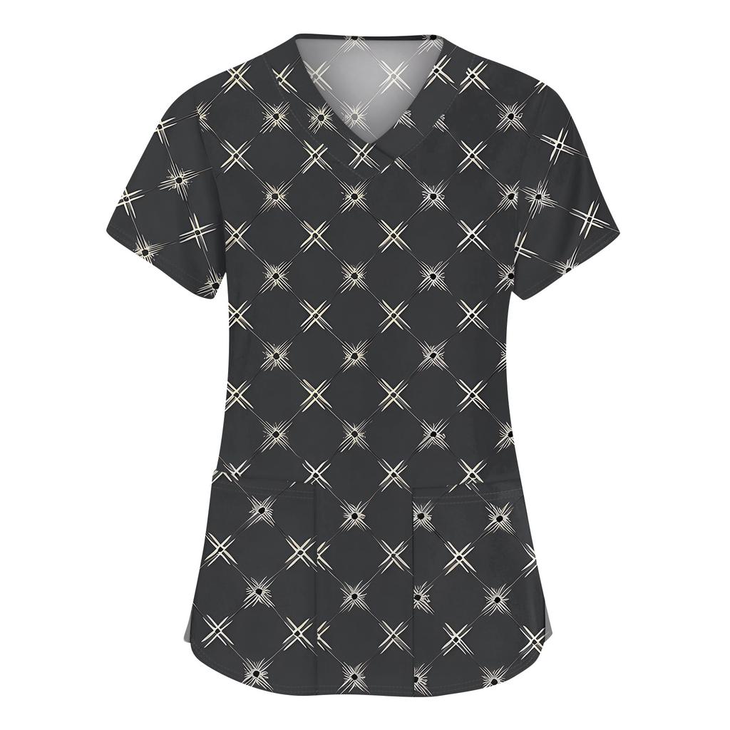 Women's Fashion V-neck Short Sleeve Workwear With Pockets Printed Tops