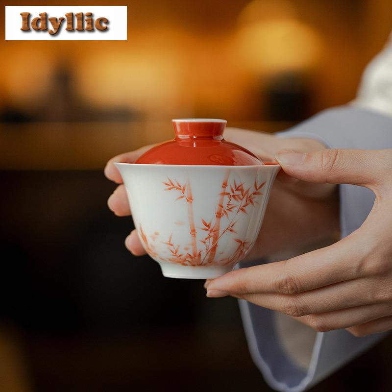 150ml Hand-painted Underglaze Color Bamboo Gaiwan Zen Tea Tureen Tea Bowl With Lid Kit Tea Making Cover Bowl Tea Services Gift