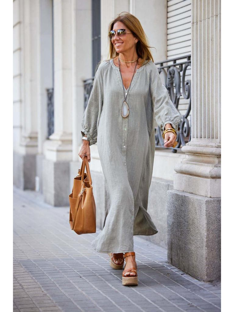 New Women's Cotton Linen Long Sleeve Cardigan Dress for Autumn and Winter