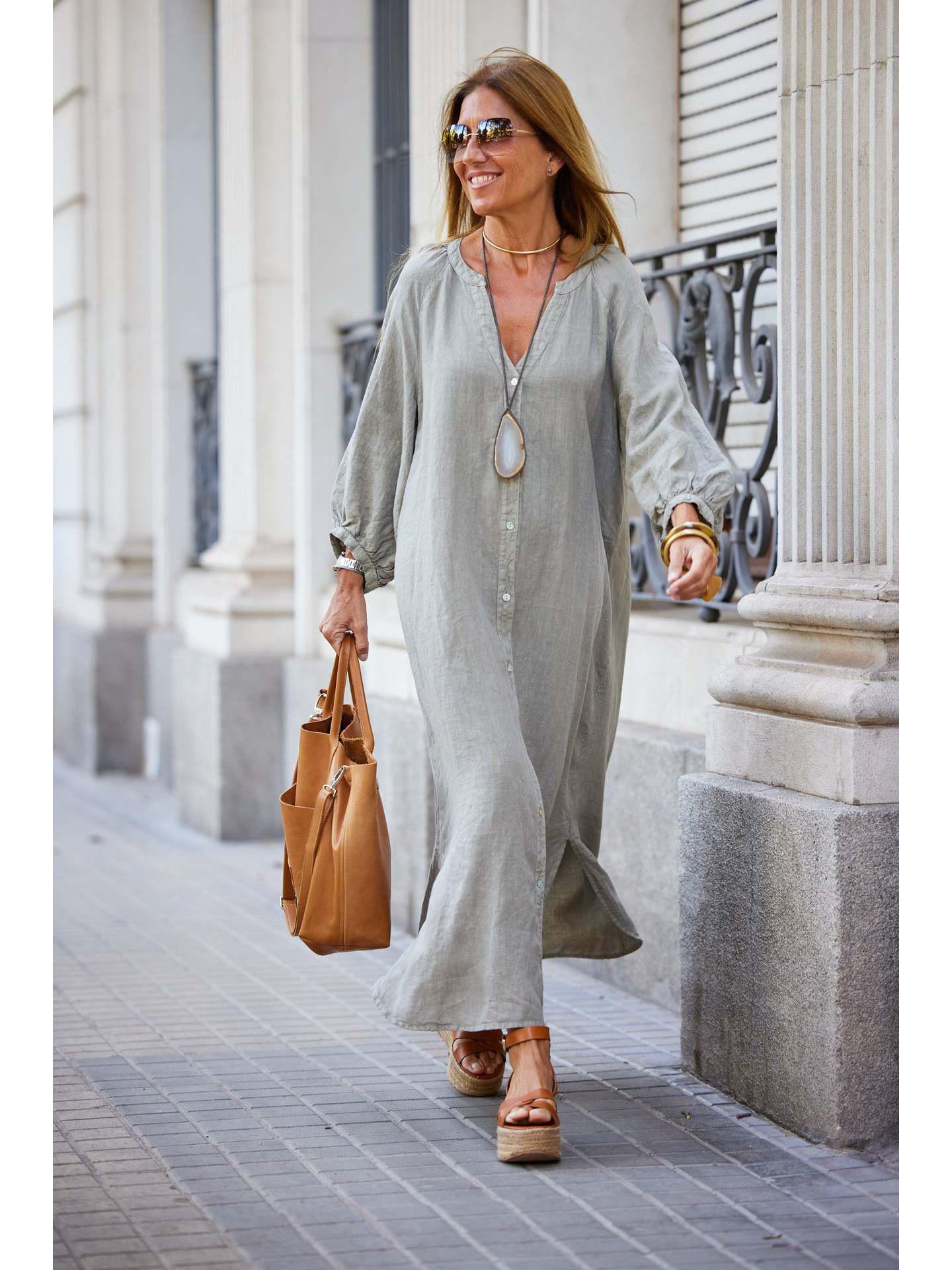 2026 Spring/Summer Women s Cotton Linen Long Sleeve Cardigan Dress XL серый
