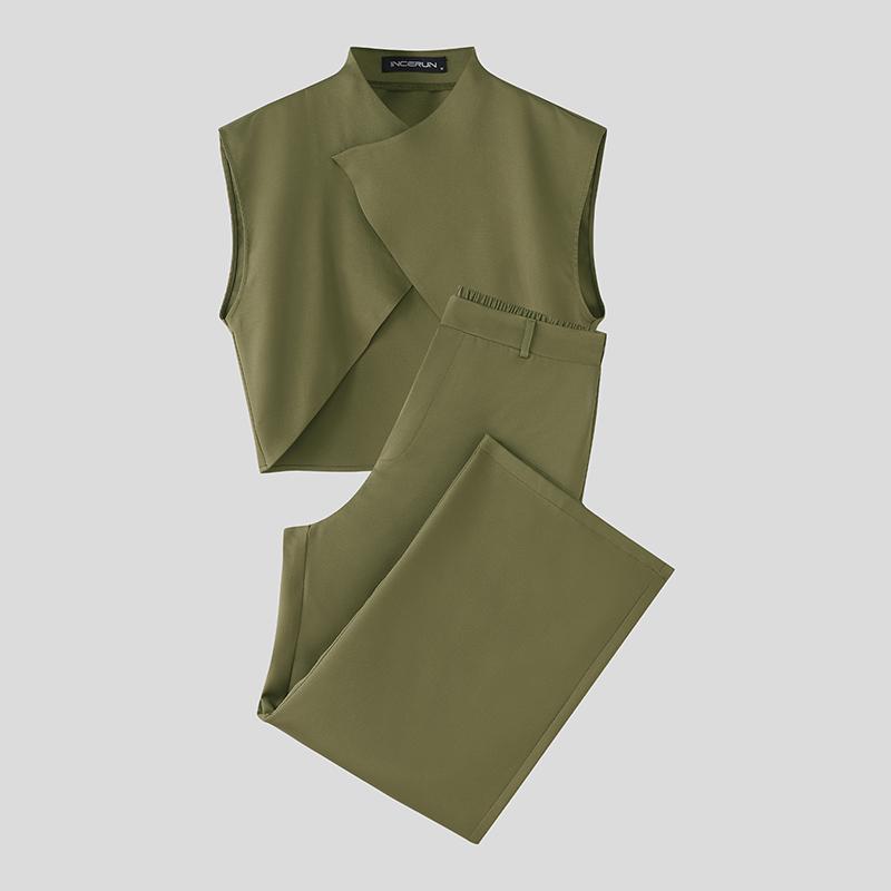 INCERUN Two Pieces Outfits Men Irregular Cropped Tops and Long Straight Pants Sets