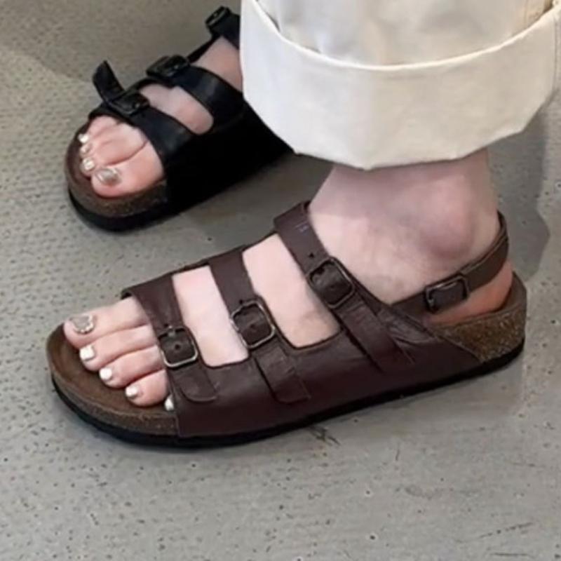 

Fashion Retro Belt Buckle Flat Sandals Women Comfortable Open-toe Brand Designer Shoes Summer Non-slip Beach Sandals Sandalias De Mujer 40 коричневый