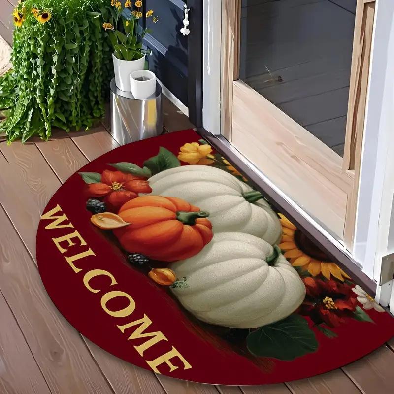 VIKAMA Autumn Thanksgiving Half-Circle Floor Mat - Maple Leaf Pumpkin - Indoor and Outdoor Entrance Door Mat for Home Decoration