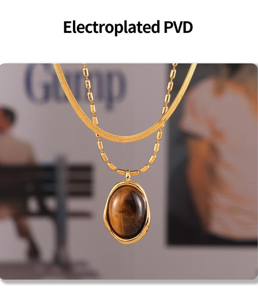 French-Inspired Oval Tiger Eye Pendant Necklace - 18K Gold-Plated Titanium Steel