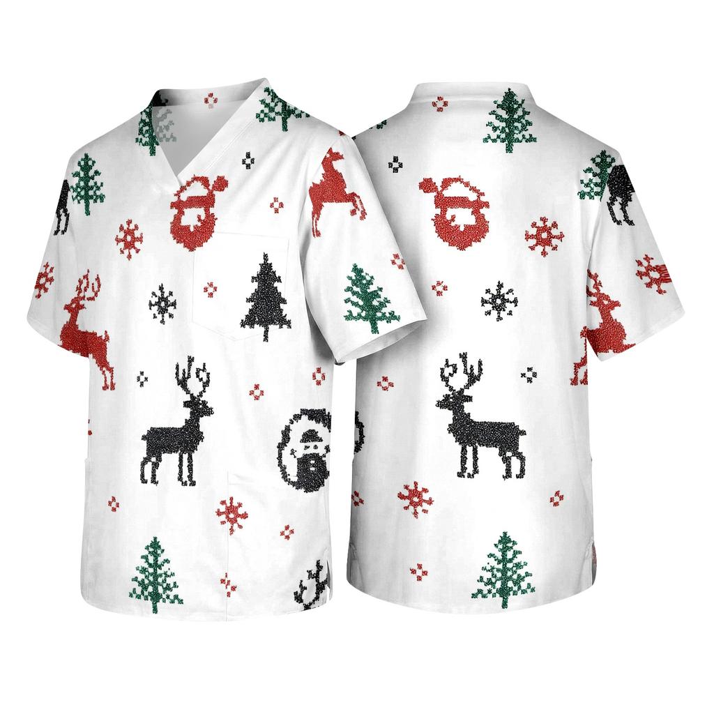 Men's Christmas Theme Caregiver Uniform, Holiday Scrub Top for Nurses and Workers