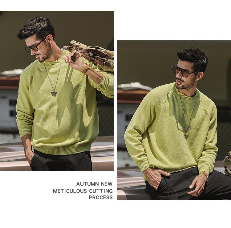 2025 Autumn Men's American Retro Multi-color Raglan Sleeve Round Neck Sweater - Loose Casual Fit