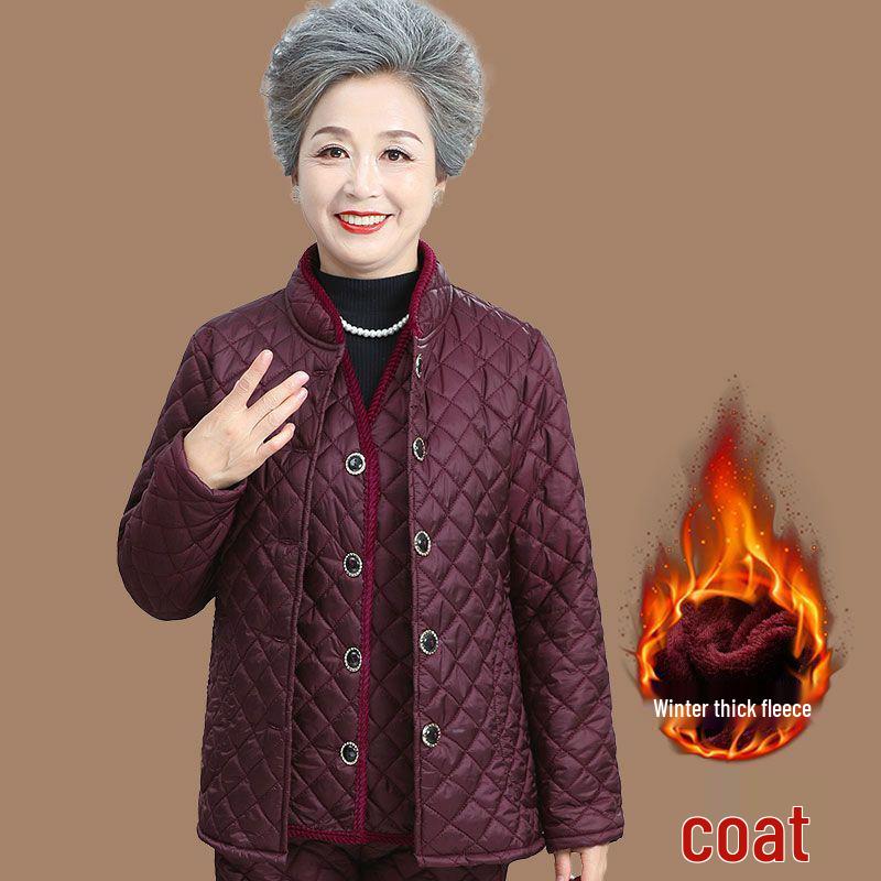 Warm Winter Three-Piece Set for Elderly Women: Fleece-Lined Cotton Coat and Pants