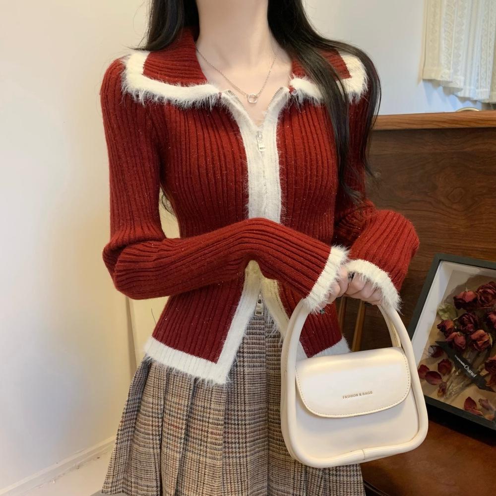 

Women s Red Plush Knitted Cardigan – Slim Fit Double Zipper Sweater for Autumn/Winter One Size