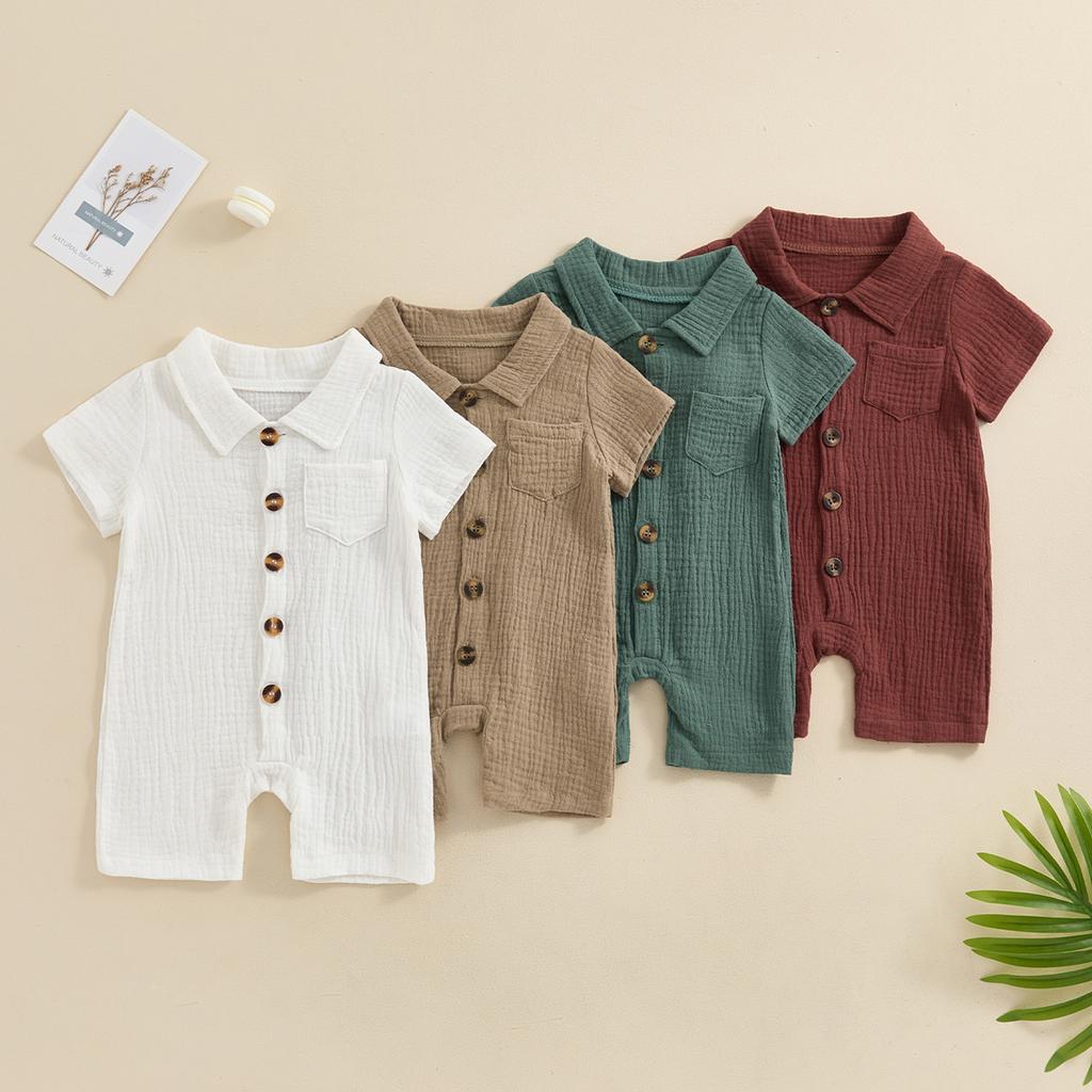Infant Baby Boy Summer Jumpsuit Solid Color Short Sleeve Lapel Button Down Romper