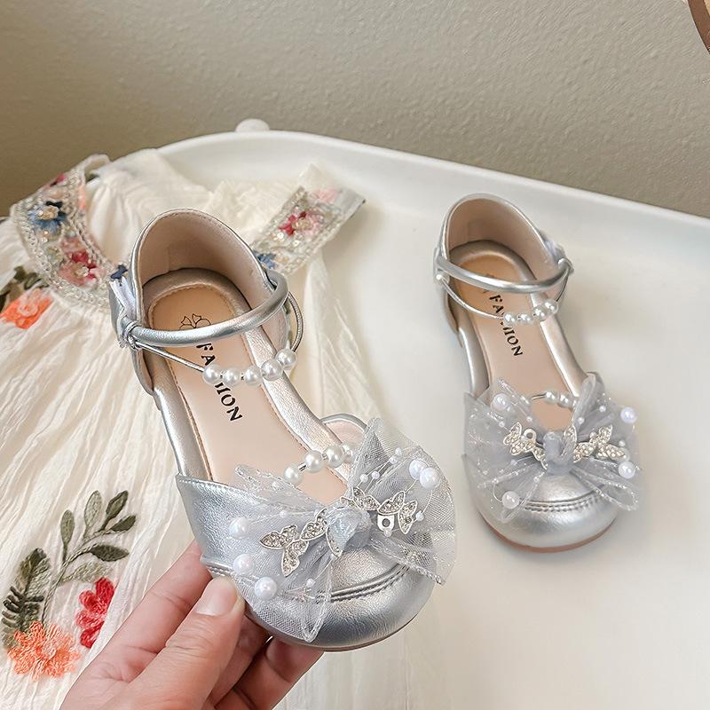 Girls Half Sandals Mesh Lace Bows Sweet Butterfly Kids Dance Shoes Wedding Ins Trendy 2025 Summer Girls Princess Shoes Pearls