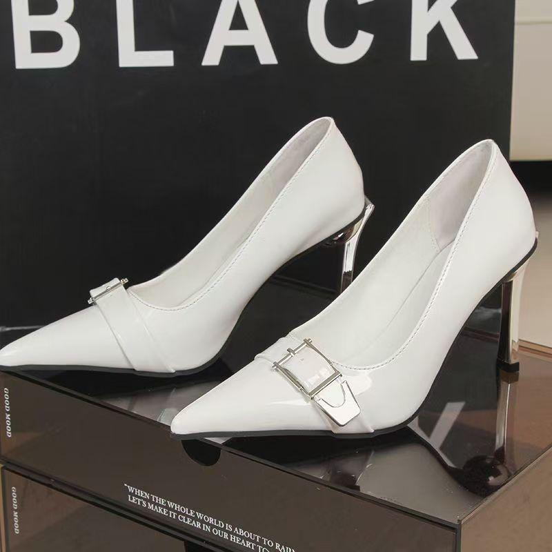 2025 Autumn New Patent Leather Black Stiletto Heels Metal Pointed High Heels Female Fashion All-Match Banquet Pumps