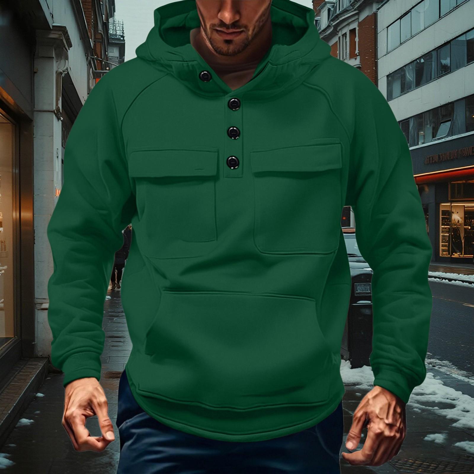 

Men s Cargo Hoodies With Multi Pockets, Quarter Button Casual Athletic Loose Hooded Pullover Tops For Outdoor Activities L