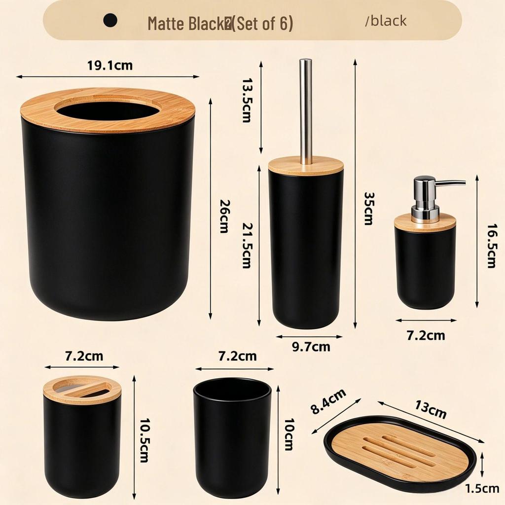 Six-Piece Bathroom Set: Washbasin, Trash Can, Soap Dish, Cleaning Tools.