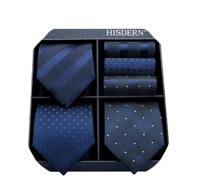 [HISDERN] Business Navy Tie 3-Piece Set - Stylish, Perfect for Weddings, Blue Tie, Pocket Square, Men's Formal Wear, Washable, Brand Name, Gift T3-02
