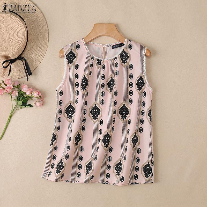 ZANZEA Women Casual Round Neck Loose Sleeveless Print Tank Tops