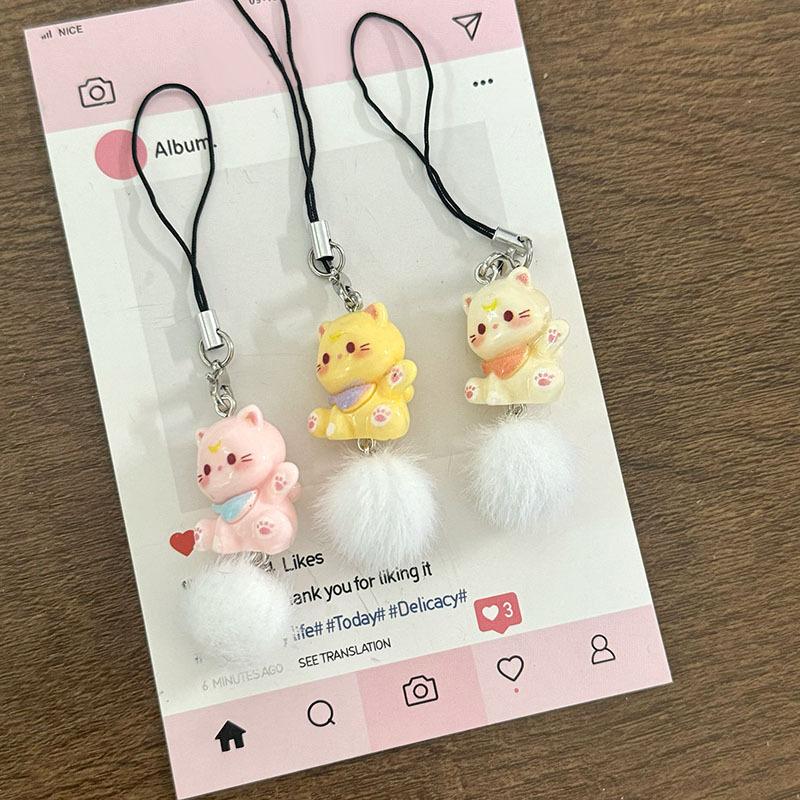 Cartoon Kitten Plush Ball Keychain Anti Lost Phone Charm Pendant Cellphone Chain Phone Lanyard Strap Women Girls