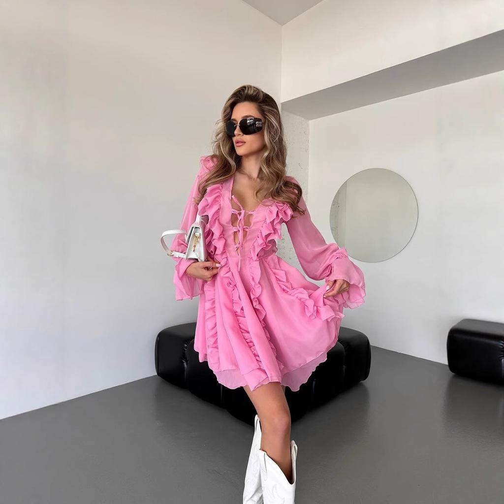 2025 Elegant Chiffon V-neck Ruffle Edge Design Dress Lace-up Long-sleeved A-shaped Skirt