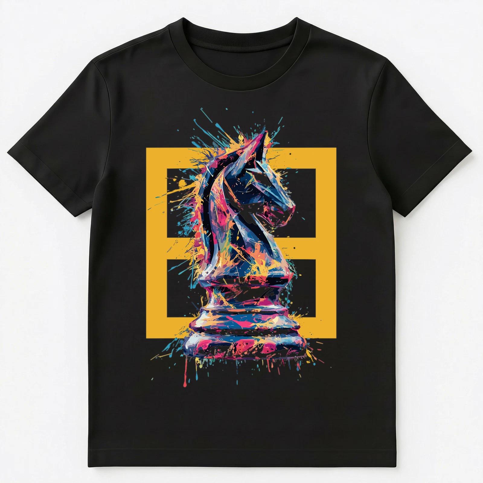 Colorful Paint Splash Chess Knight Piece Art Graphic Unisex T-Shirt 4XL